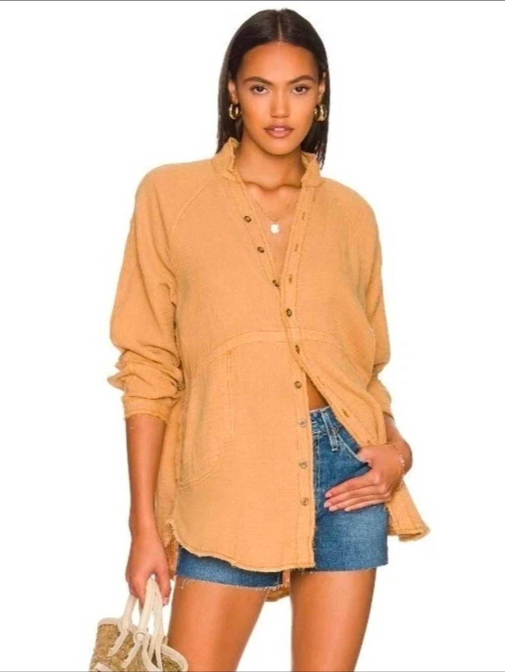 ​Free People Summer Daydream Gauze Button Down Top Mustard Yellow S OB979741